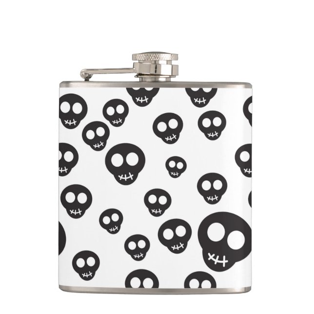 Pattern with black skulls on white hip flask (Front)