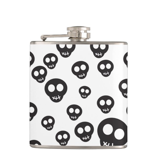 Pattern with black skulls on white hip flask (Front)