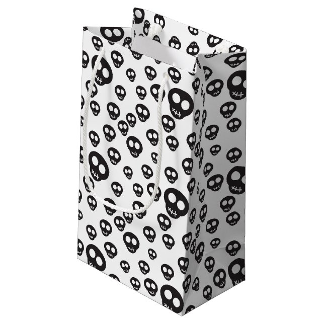 Pattern with black skulls on white small gift bag (Back Angled)