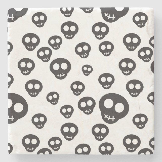 Pattern with black skulls on white stone coaster (Front)