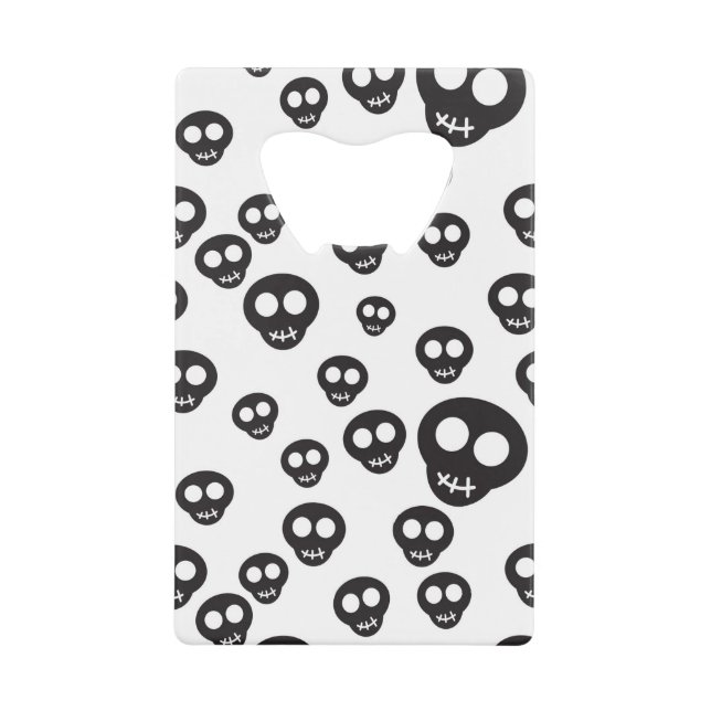 Pattern with black skulls on white wallet bottle opener (Front)