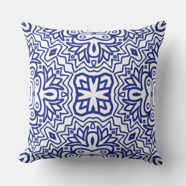 Pattern With Blue on White Throw Pillow (Front)