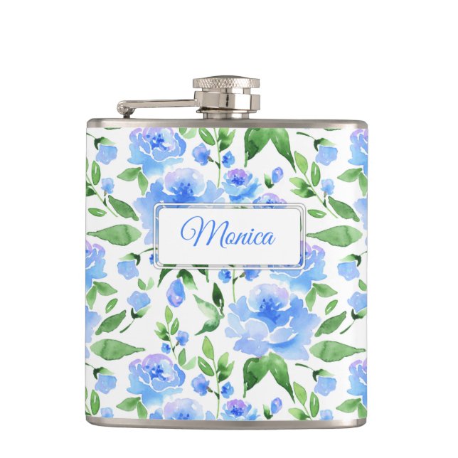 Pattern with blue watercolor flowers hip flask (Front)