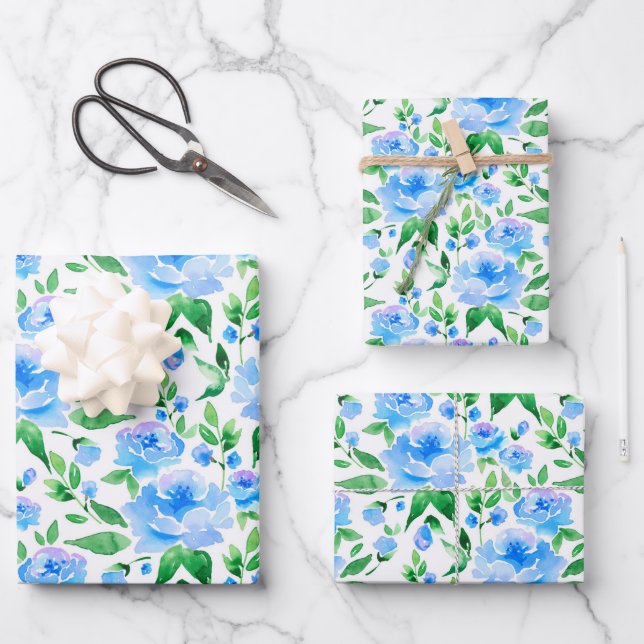 Pattern with blue watercolor flowers wrapping paper sheet (Front)