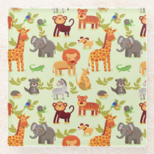 Pattern With Cartoon Animals Glass Coaster