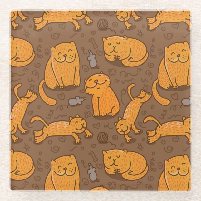 Pattern With Cats Glass Coaster (Front)