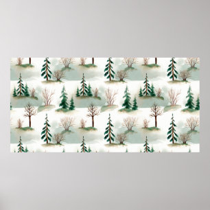 Pattern with Christmas trees, trees and bushes. Bl Poster