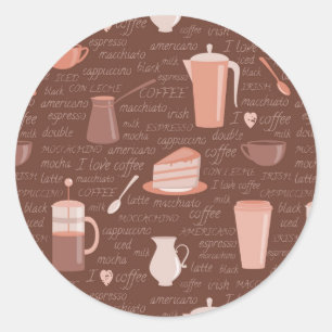Pattern with coffee related elements classic round sticker