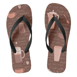 Pattern with coffee related elements flip flops