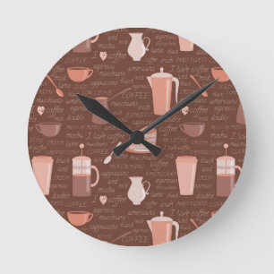 Pattern with coffee related elements round clock