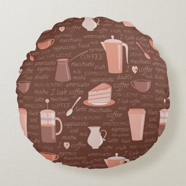 Pattern with coffee related elements round pillow (Front)
