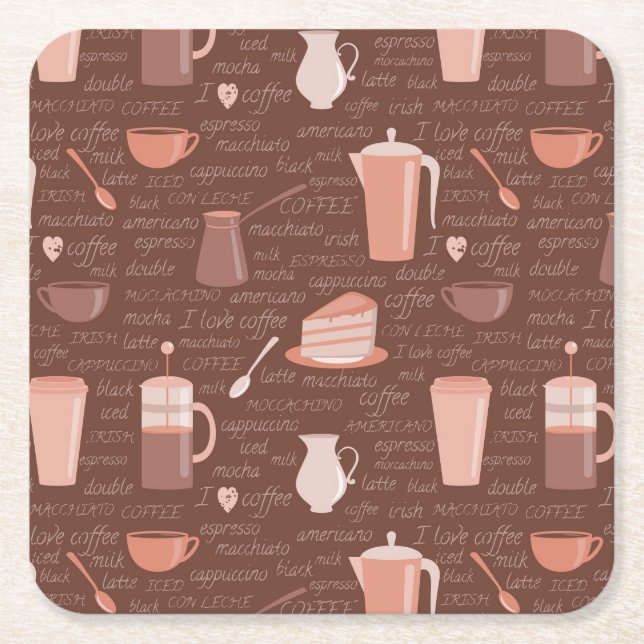 Pattern with coffee related elements square paper coaster (Front)