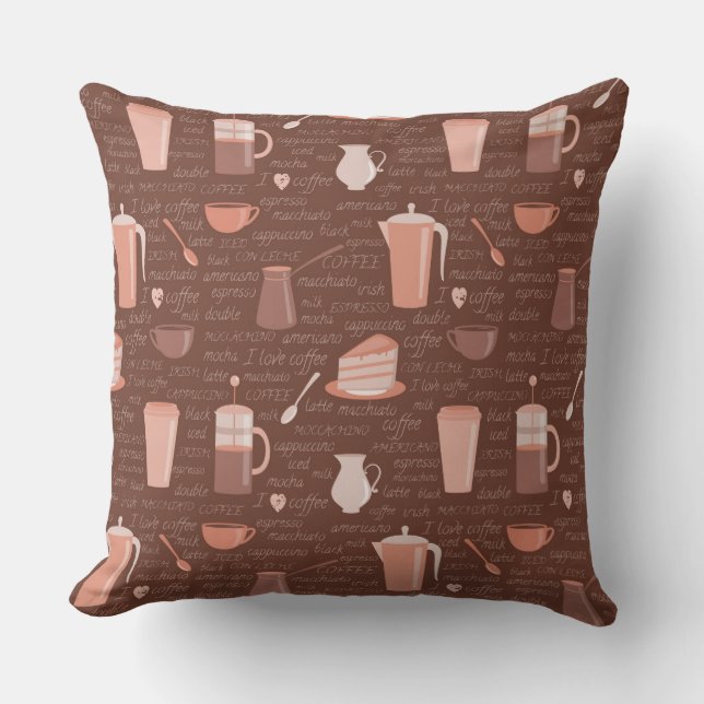Pattern with coffee related elements throw pillow (Front)