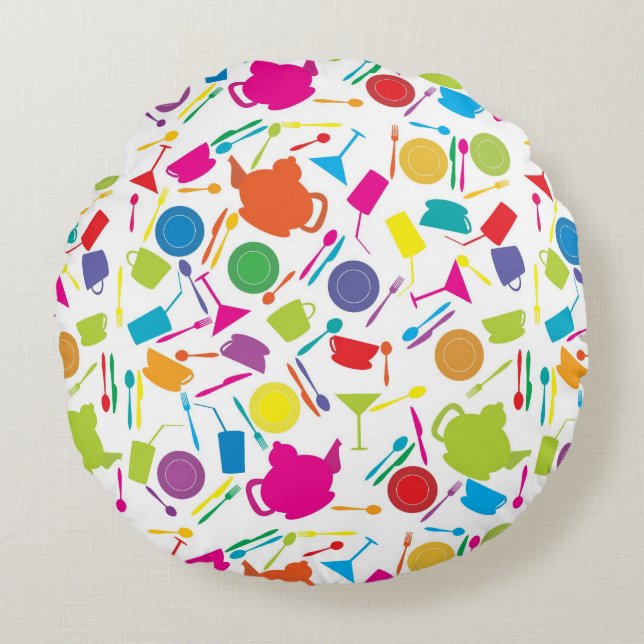 Pattern With Coloured Kitchen Stuff Round Pillow (Front)