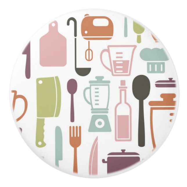 Pattern with colourful cooking icons ceramic knob (Front)