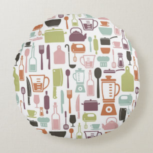 Pattern with colourful cooking icons round pillow