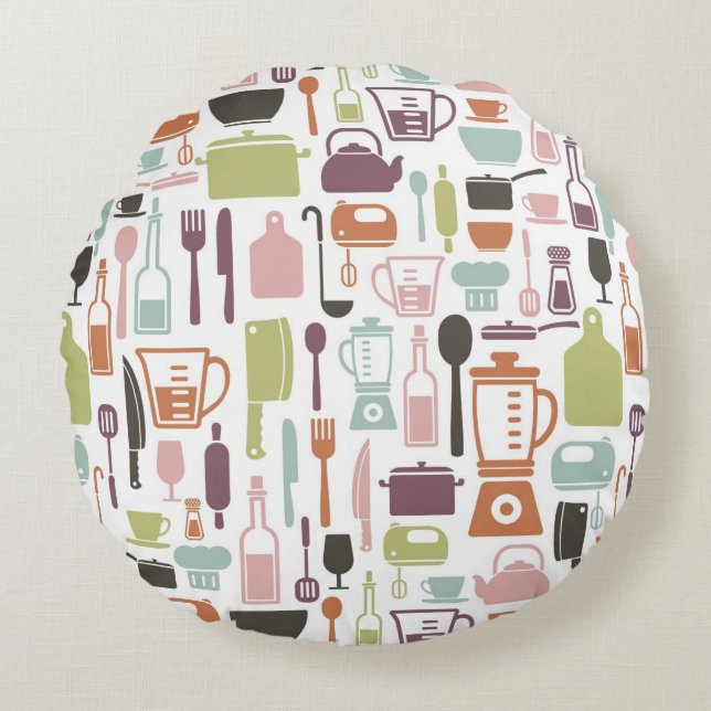 Pattern with colourful cooking icons round pillow (Front)