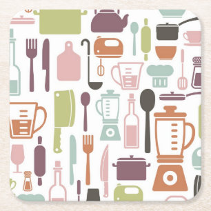 Pattern with colourful cooking icons square paper coaster