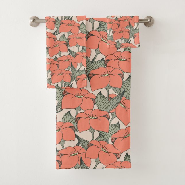 Pattern with coral lily bath towel set (Insitu)