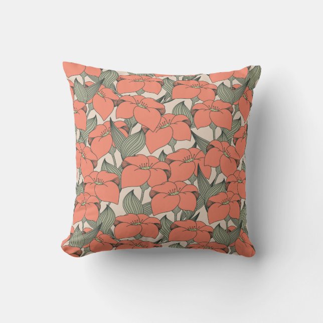 Pattern with coral lily throw pillow (Front)