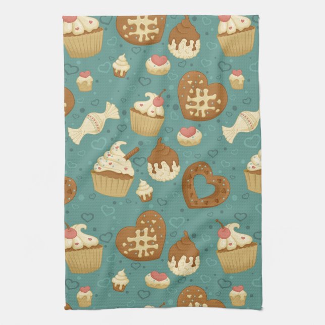 Pattern with cupcakes and candies kitchen towel (Vertical)