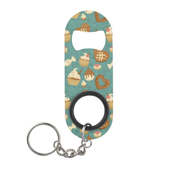 Pattern with cupcakes and candies mini bottle opener (Front)