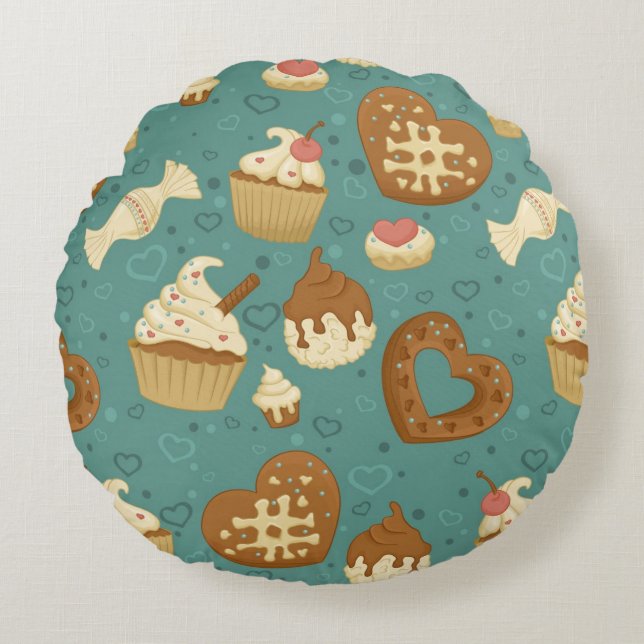 Pattern with cupcakes and candies round pillow (Front)