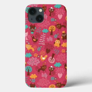 Pattern with cute birds and cats iPhone 13 case