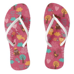 Pattern with cute birds and cats flip flops