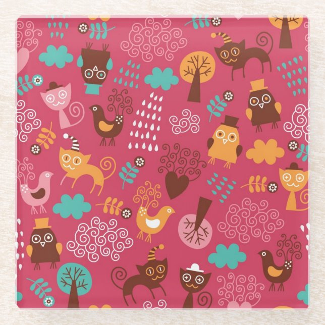 Pattern with cute birds and cats glass coaster (Front)