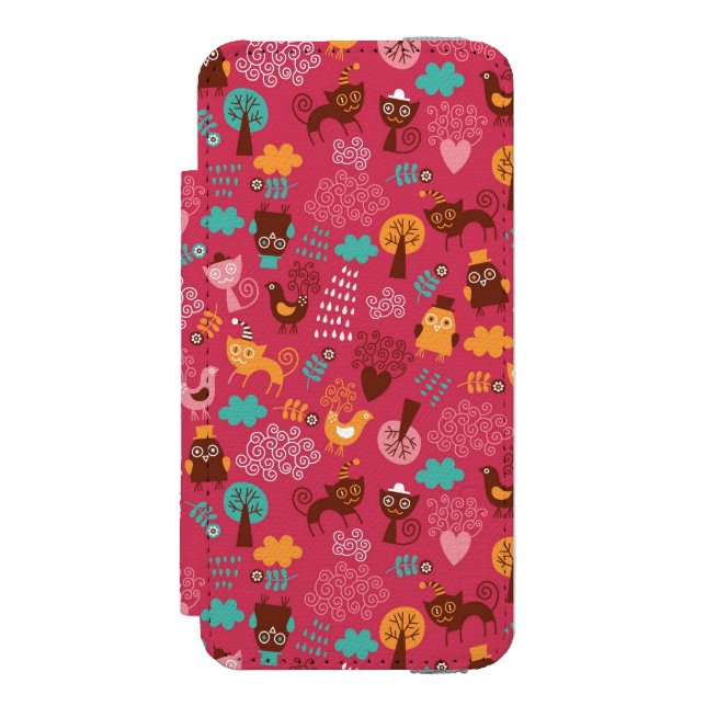 Pattern with cute birds and cats incipio iPhone wallet case (Folio Front)