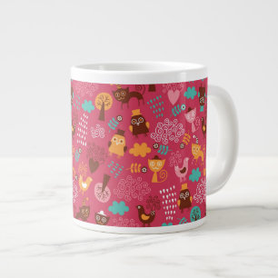 Pattern with cute birds and cats large coffee mug