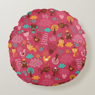 Pattern with cute birds and cats round pillow