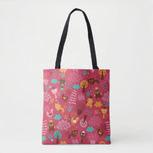 Pattern with cute birds and cats tote bag