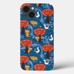 pattern with cute cats and birds iPhone 13 case