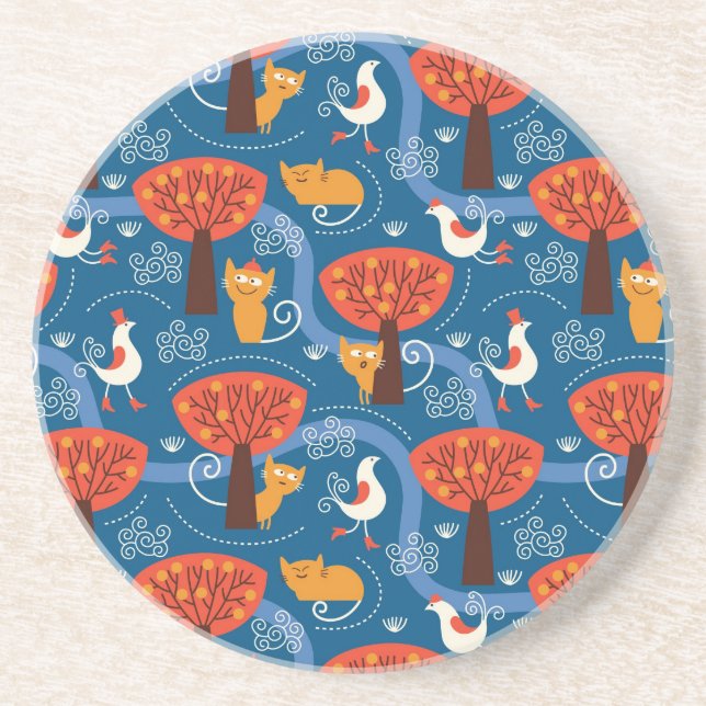 pattern with cute cats and birds coaster (Front)