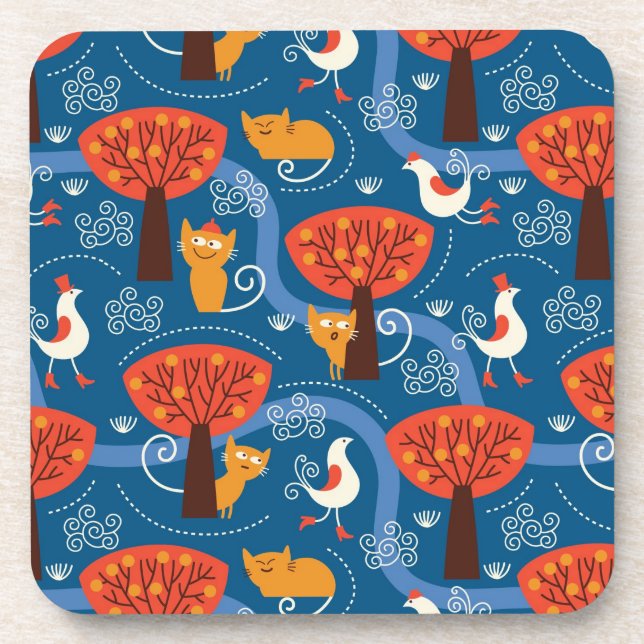 pattern with cute cats and birds coaster (Front)