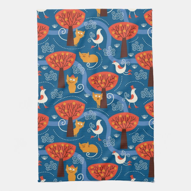 pattern with cute cats and birds kitchen towel (Vertical)