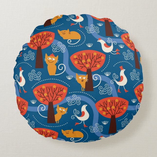 pattern with cute cats and birds round pillow (Front)