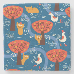 pattern with cute cats and birds stone coaster