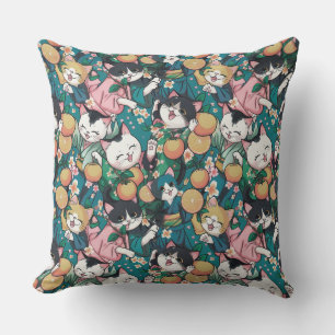  Pattern with cute dancing cats in kimonos, tanger Outdoor Pillow