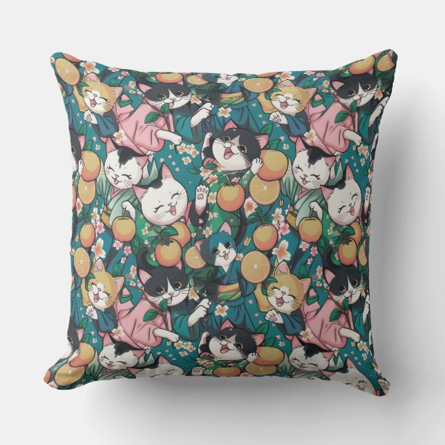  Pattern with cute dancing cats in kimonos, tanger Outdoor Pillow (Front)