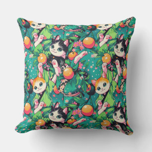 Pattern with cute dancing kawaii cats in kimonos, Outdoor Pillow