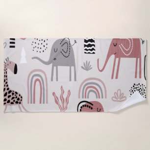 pattern with cute elephants and giraffes giant  beach towel
