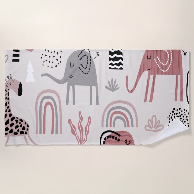 pattern with cute elephants and giraffes giant  beach towel (Front)