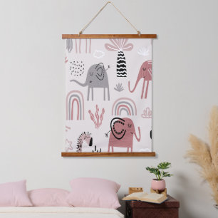 pattern with cute elephants and giraffes giant  hanging tapestry