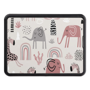 pattern with cute elephants and giraffes giant trailer hitch cover