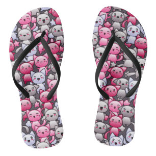 pattern with cute kawaii doodle cats 2 flip flops
