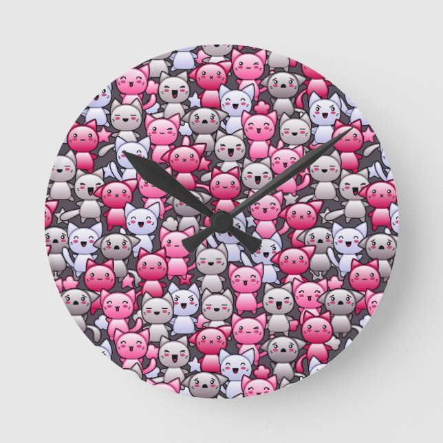 pattern with cute kawaii doodle cats 2 round clock (Front)
