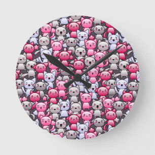 pattern with cute kawaii doodle cats 2 round clock